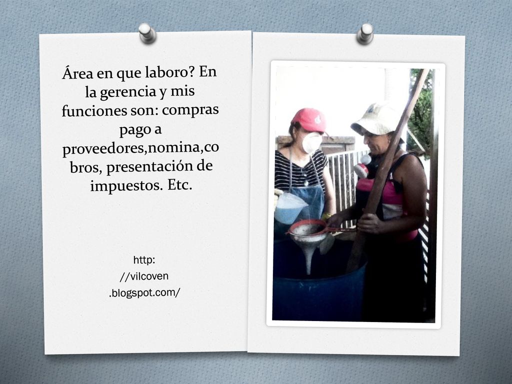 Área en que laboro En la gerencia y mis funciones son: compras pago a proveedores,nomina,cobros, presentación de impuestos. Etc.