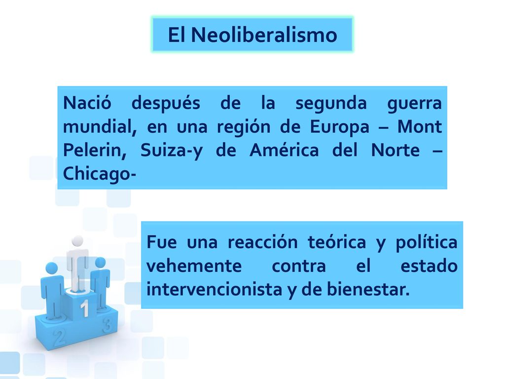 El Neoliberalismo Nació después de la segunda guerra mundial, en una región de Europa – Mont Pelerin, Suiza-y de América del Norte –Chicago-