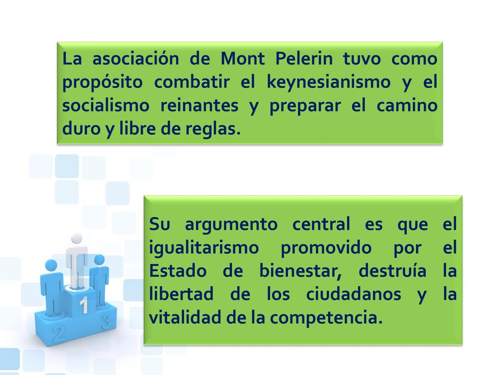 La asociación de Mont Pelerin tuvo como propósito combatir el keynesianismo y el socialismo reinantes y preparar el camino duro y libre de reglas.
