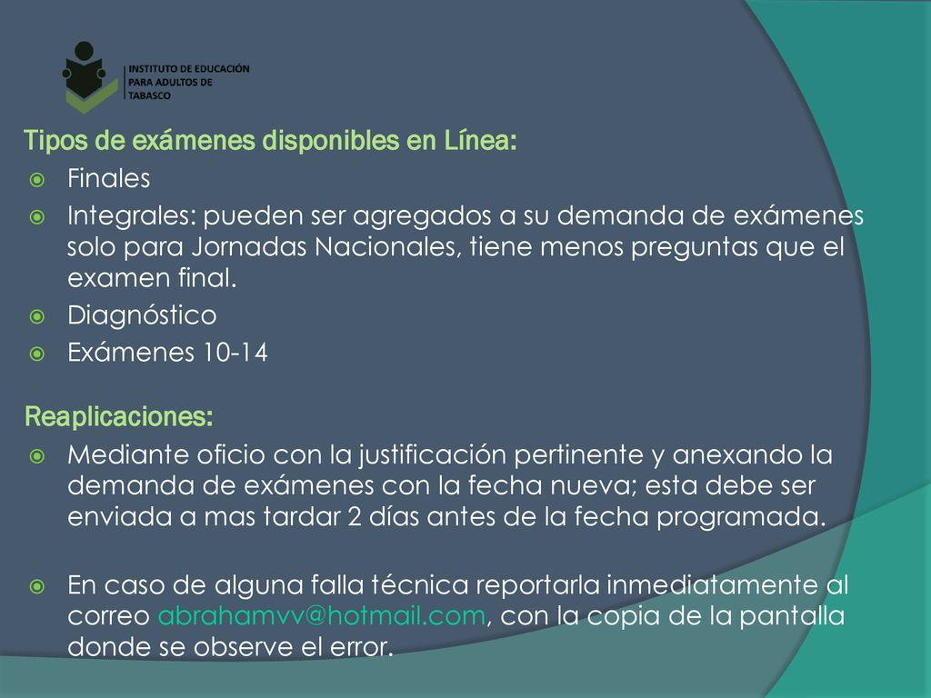 Tipos de exámenes disponibles en Línea: