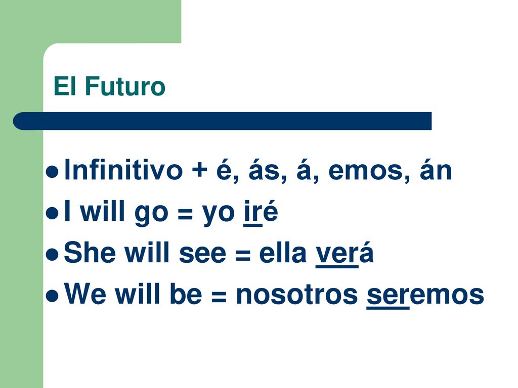 Infinitivo + é, ás, á, emos, án I will go = yo iré