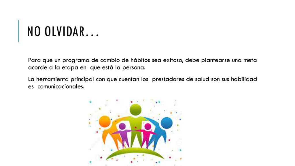 No olvidar… Para que un programa de cambio de hábitos sea exitoso, debe plantearse una meta acorde a la etapa en que está la persona.