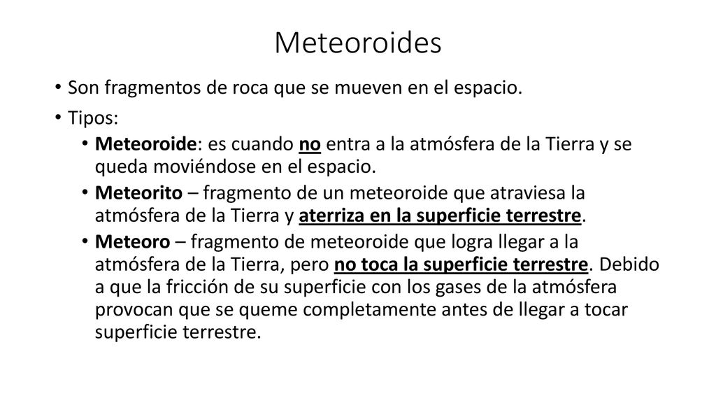 Meteoroides Son fragmentos de roca que se mueven en el espacio. Tipos: