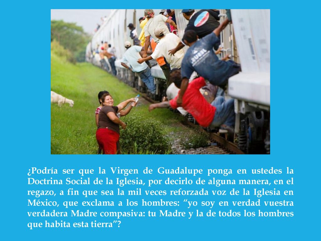 ¿Podría ser que la Virgen de Guadalupe ponga en ustedes la Doctrina Social de la Iglesia, por decirlo de alguna manera, en el regazo, a fin que sea la mil veces reforzada voz de la Iglesia en México, que exclama a los hombres: yo soy en verdad vuestra verdadera Madre compasiva: tu Madre y la de todos los hombres que habita esta tierra