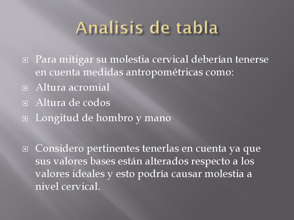 Analisis de tabla Para mitigar su molestia cervical deberían tenerse en cuenta medidas antropométricas como: