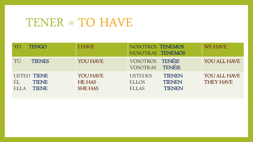 TENER = TO HAVE YO TENGO I HAVE NOSOTROS TENEMOS NOSOTRAS TENEMOS