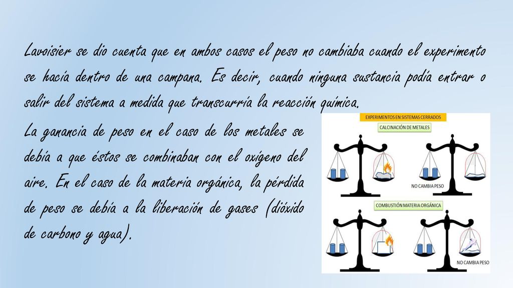 Lavoisier se dio cuenta que en ambos casos el peso no cambiaba cuando el experimento se hacía dentro de una campana. Es decir, cuando ninguna sustancia podía entrar o salir del sistema a medida que transcurría la reacción química.