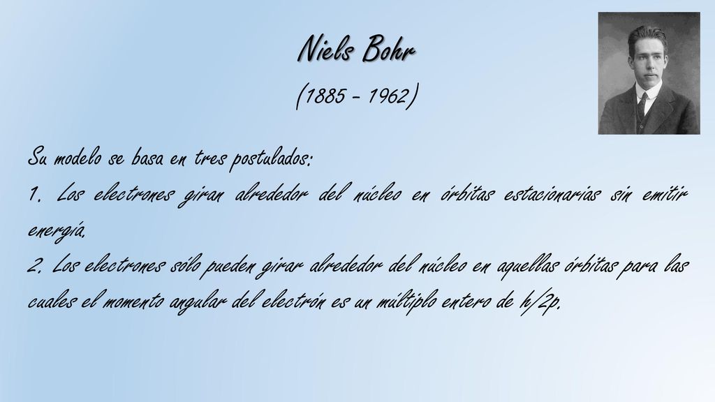 Niels Bohr ( ) Su modelo se basa en tres postulados: