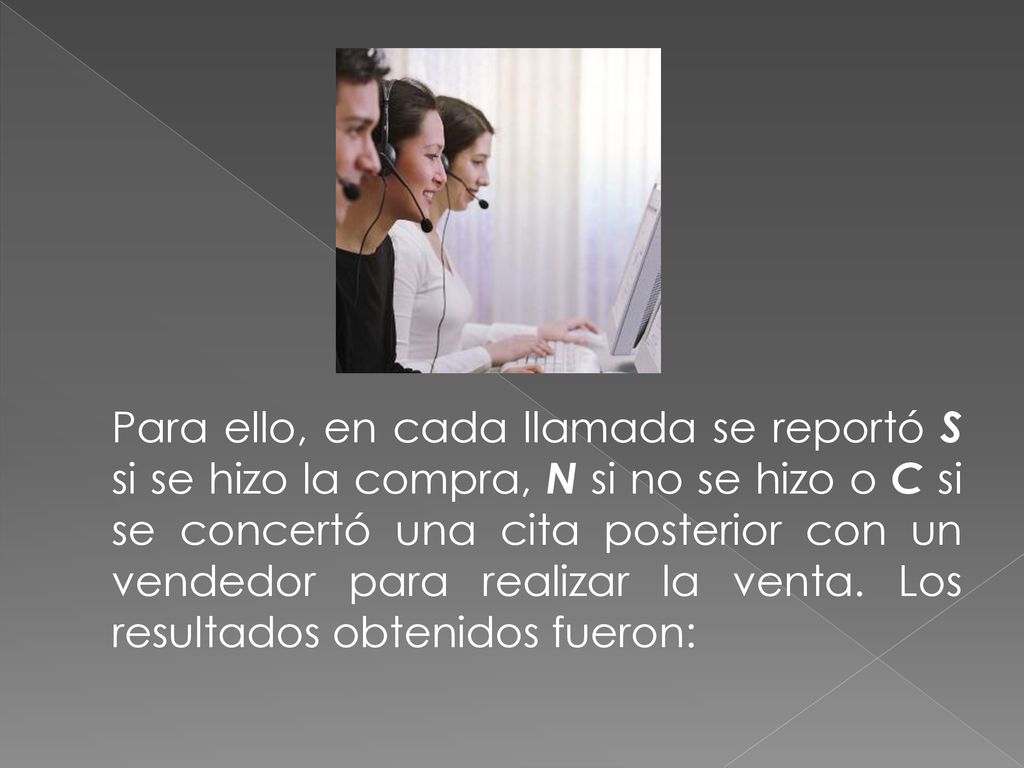 Para ello, en cada llamada se reportó S si se hizo la compra, N si no se hizo o C si se concertó una cita posterior con un vendedor para realizar la venta.