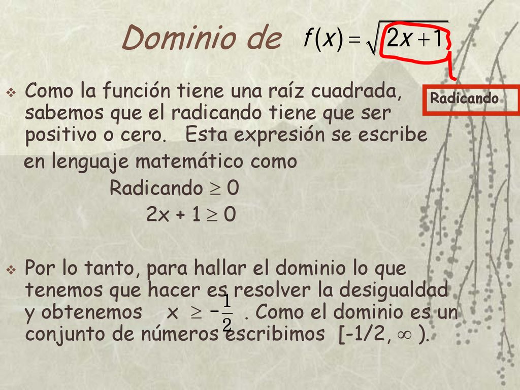 Dominio de Como la función tiene una raíz cuadrada, sabemos que el radicando tiene que ser positivo o cero. Esta expresión se escribe.