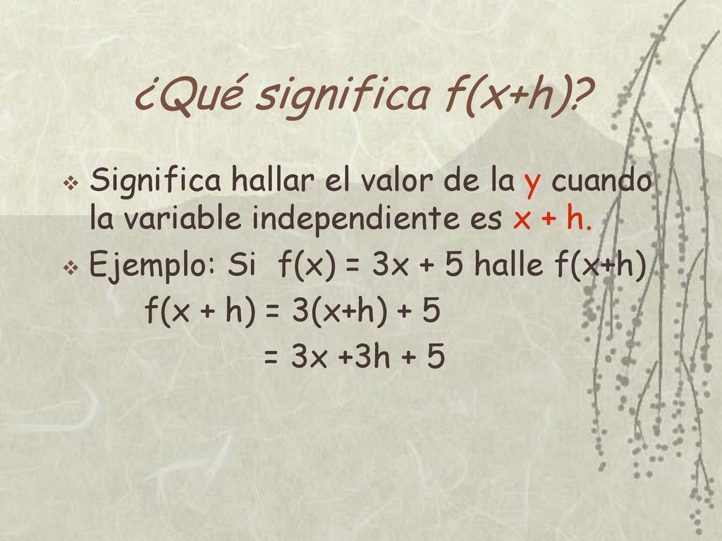 ¿Qué significa f(x+h) Significa hallar el valor de la y cuando la variable independiente es x + h.