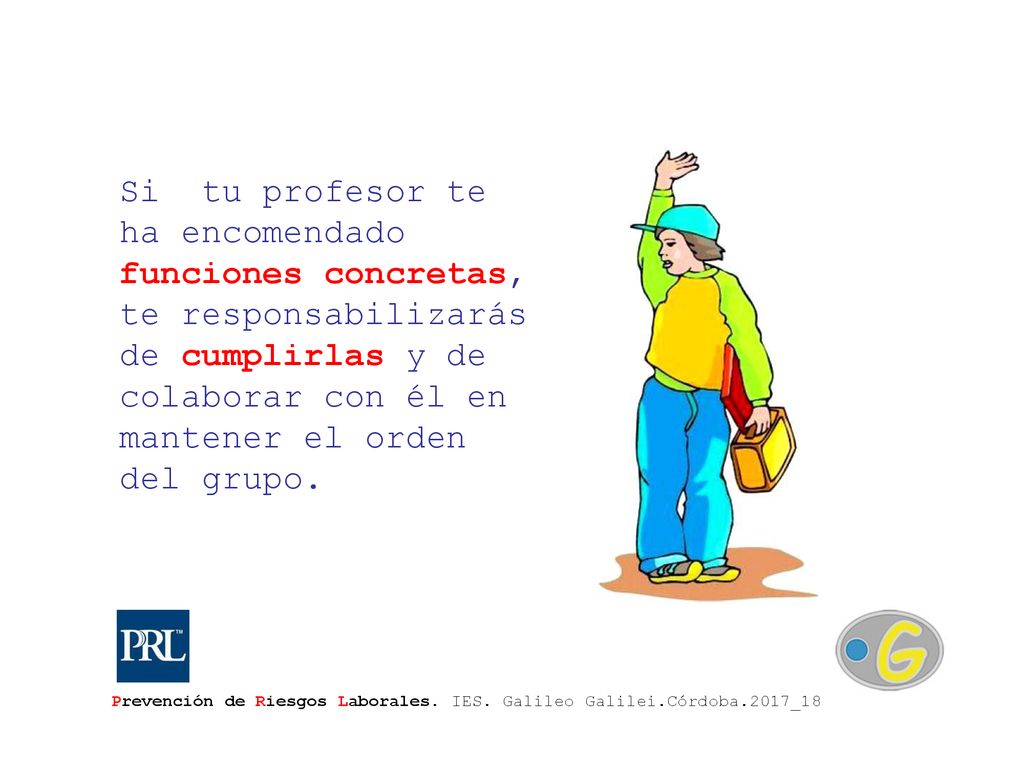 Si tu profesor te ha encomendado funciones concretas, te responsabilizarás de cumplirlas y de colaborar con él en mantener el orden del grupo.