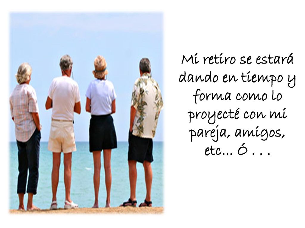 Mi retiro se estará dando en tiempo y forma como lo proyecté con mi pareja, amigos, etc... Ó . . .