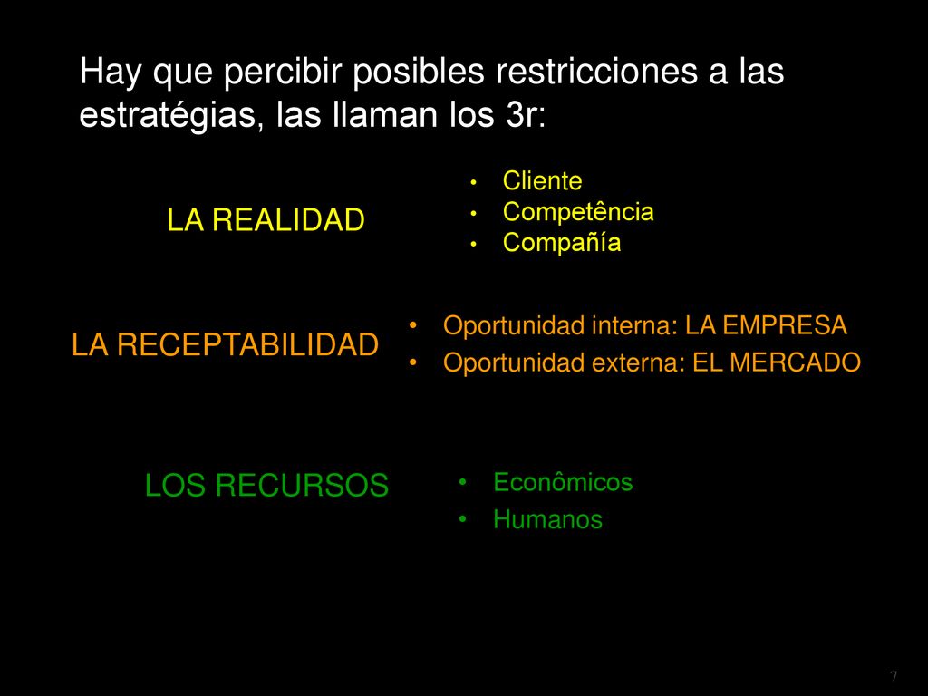 Hay que percibir posibles restricciones a las estratégias, las llaman los 3r: