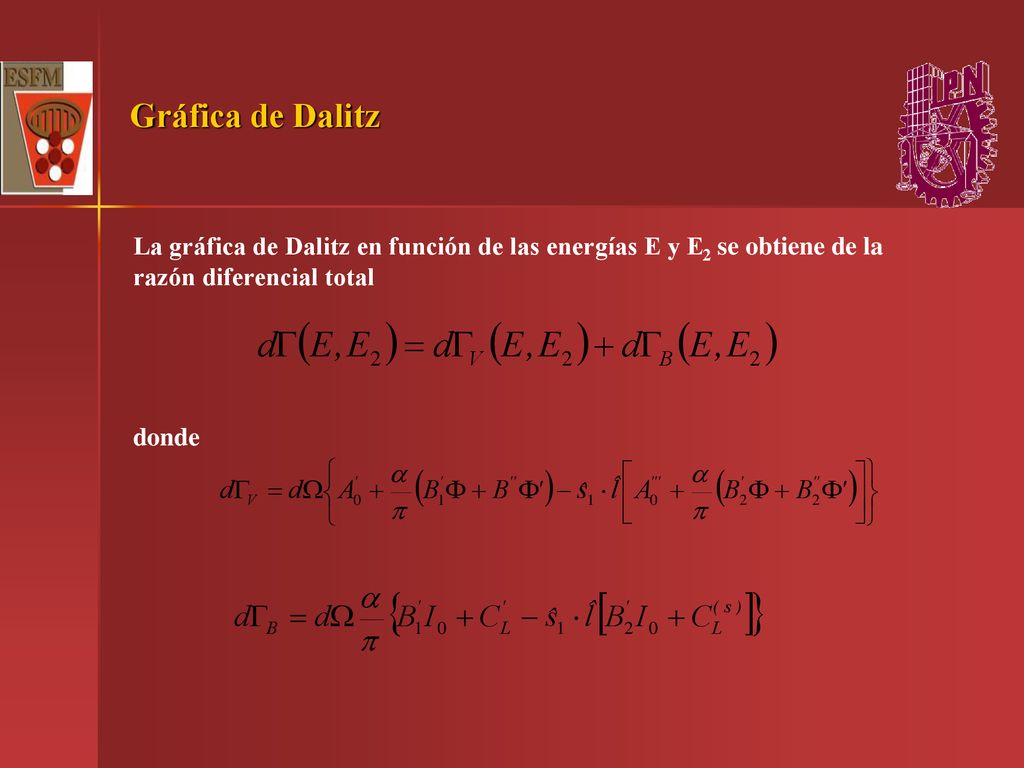 Gráfica de Dalitz La gráfica de Dalitz en función de las energías E y E2 se obtiene de la razón diferencial total.