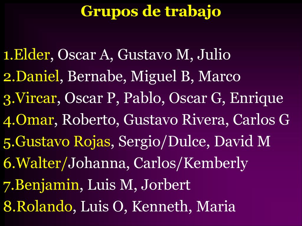 Grupos de trabajo Elder, Oscar A, Gustavo M, Julio. Daniel, Bernabe, Miguel B, Marco. Vircar, Oscar P, Pablo, Oscar G, Enrique.