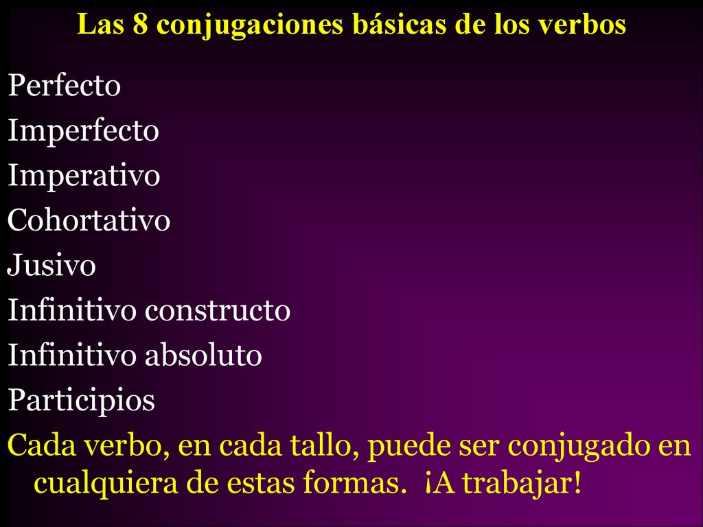 Las 8 conjugaciones básicas de los verbos Perfecto Imperfecto Imperativo Cohortativo Jusivo Infinitivo constructo Infinitivo absoluto Participios Cada verbo, en cada tallo, puede ser conjugado en cualquiera de estas formas.