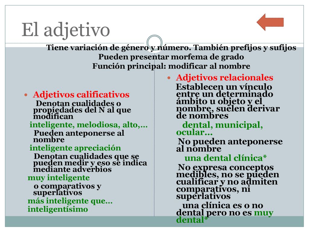 El adjetivo Tiene variación de género y número. También prefijos y sufijos Pueden presentar morfema de grado Función principal: modificar al nombre.