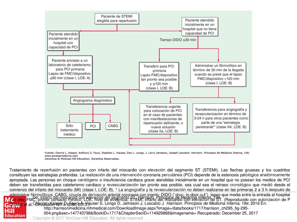 Tratamiento de reperfusión en pacientes con infarto del miocardio con elevación del segmento ST (STEMI). Las flechas gruesas y los cuadritos constituyen las estrategias preferidas. La realización de una intervención coronaria percutánea (PCI) depende de la estenosis patológica anatómicamente apropiada. Las personas en choque cardiógeno o insuficiencia cardiaca grave atendidas inicialmente en un hospital que no posean los medios de PCI deben ser transferidas para cateterismo cardiaco y revascularización tan pronto sea posible, sea cual sea el retraso cronológico que medió desde el comienzo del infarto del miocardio (MI) (clase I, LOE: B). † La angiografía y la revascularización no deben realizarse en las primeras 2 a 3 h después de administrar fibrinolíticos. CABG, cirugía de derivación arterial coronaria con injerto; DIDO ( door- in-door out ), lapso que media entre la entrada al hospital y el alta; FMC, primer contacto médico; LOE, nivel de evidencia; STEMI, infarto del miocardio con elevación de ST. (Reproducido con autorización de P O’Gara et al.: Circulation 127:c 3262, 2013.)
