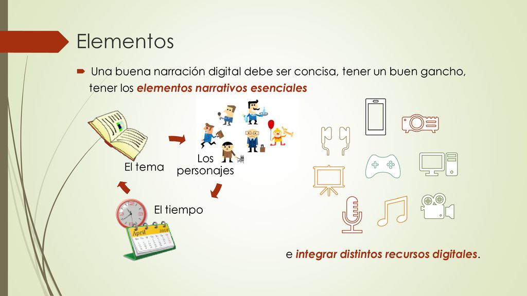 Elementos Una buena narración digital debe ser concisa, tener un buen gancho, tener los elementos narrativos esenciales.