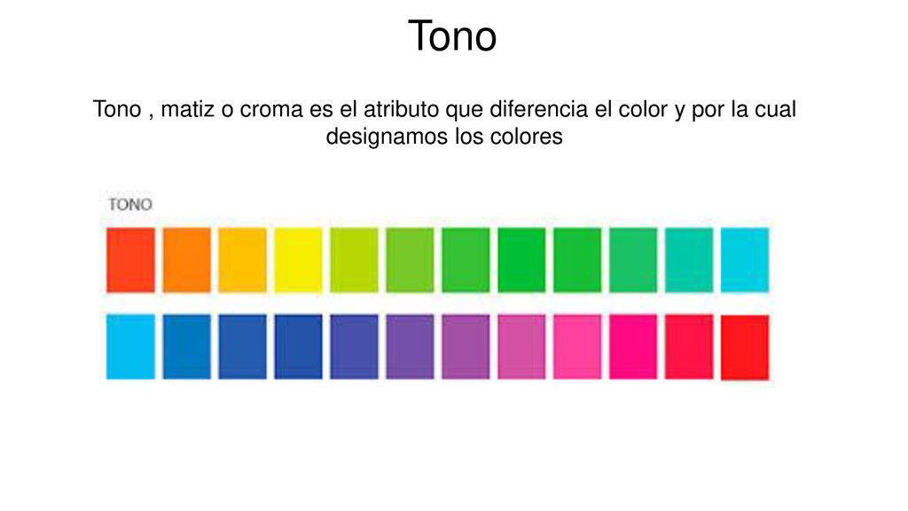 Tono Tono , matiz o croma es el atributo que diferencia el color y por la cual designamos los colores.