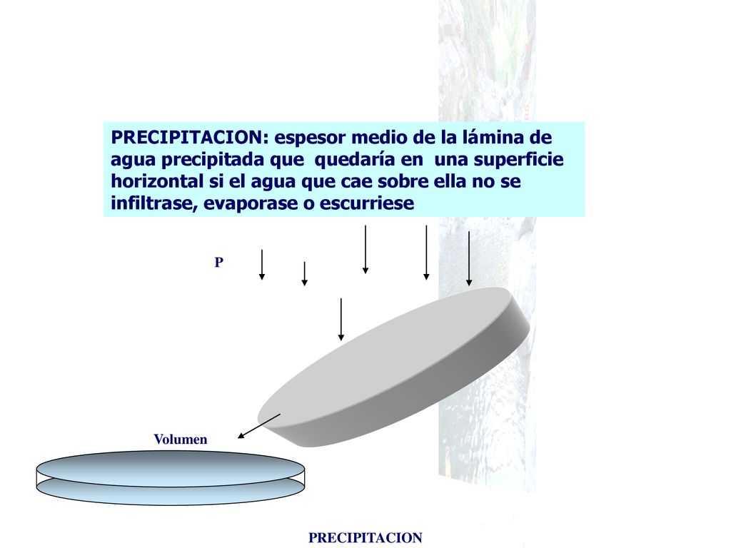 PRECIPITACION: espesor medio de la lámina de agua precipitada que quedaría en una superficie horizontal si el agua que cae sobre ella no se infiltrase, evaporase o escurriese