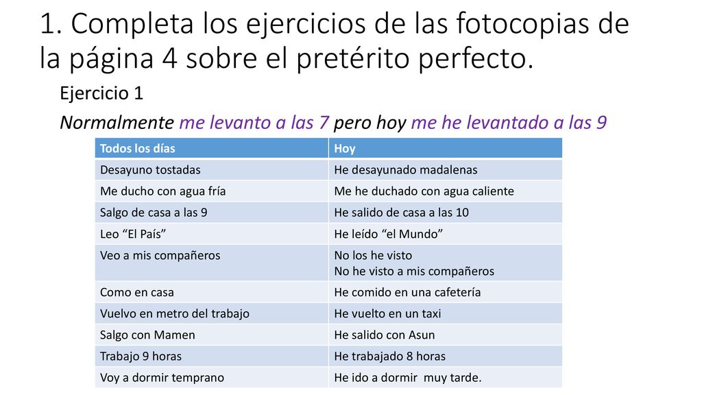 1. Completa los ejercicios de las fotocopias de la página 4 sobre el pretérito perfecto.