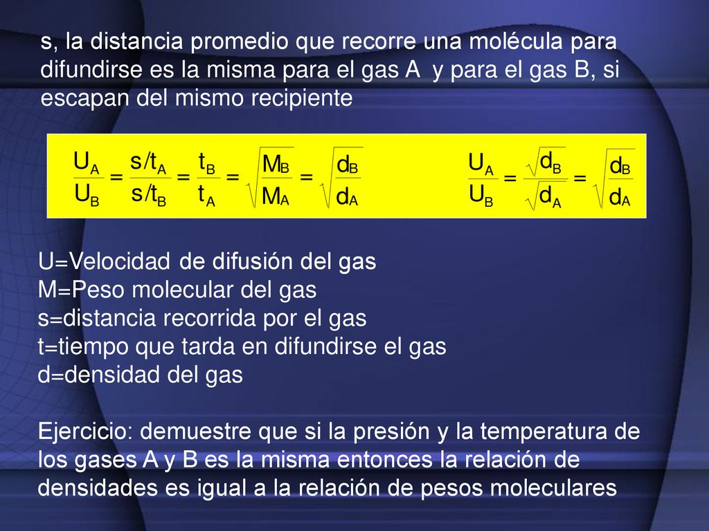 s, la distancia promedio que recorre una molécula para difundirse es la misma para el gas A y para el gas B, si escapan del mismo recipiente
