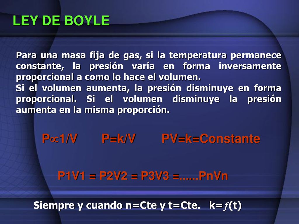 LEY DE BOYLE P1/V P=k/V PV=k=Constante P1V1 = P2V2 = P3V3 =......PnVn