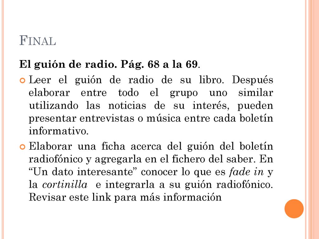 Final El guión de radio. Pág. 68 a la 69.
