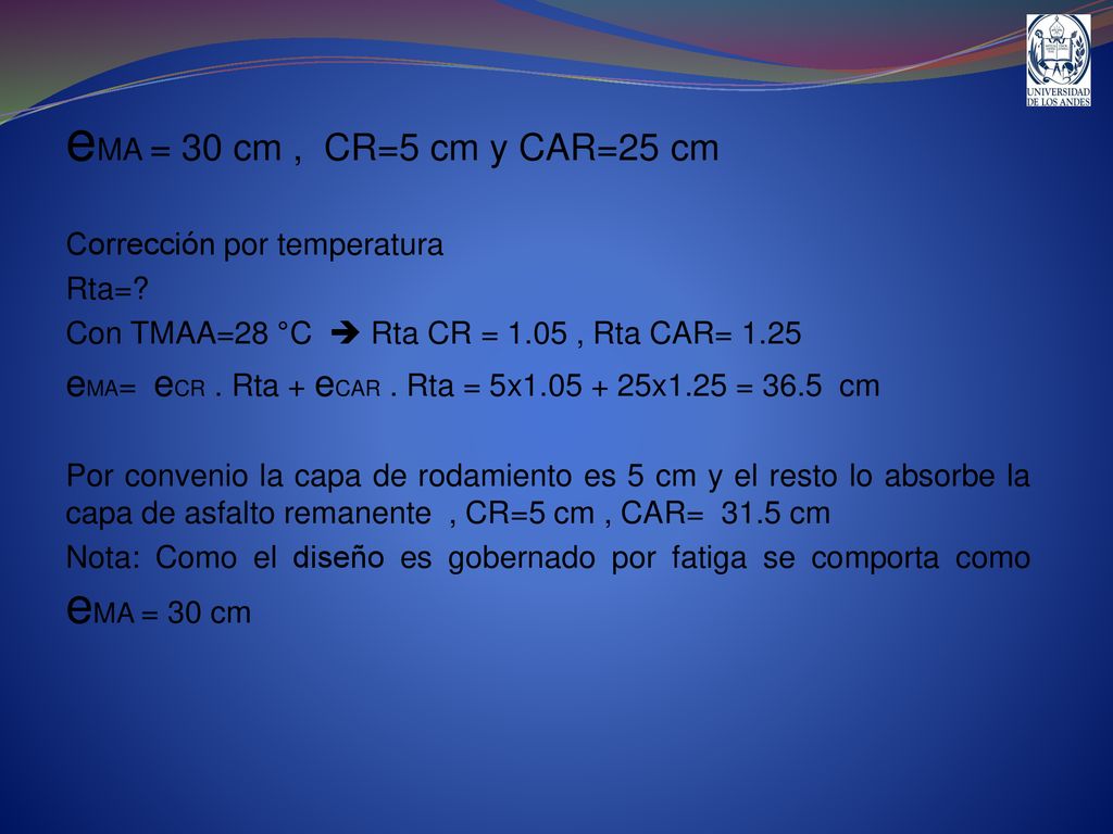eMA = 30 cm , CR=5 cm y CAR=25 cm Corrección por temperatura. Rta= Con TMAA=28 °C  Rta CR = 1.05 , Rta CAR=