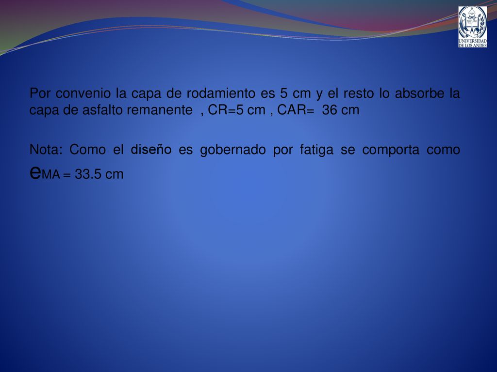 Por convenio la capa de rodamiento es 5 cm y el resto lo absorbe la capa de asfalto remanente , CR=5 cm , CAR= 36 cm