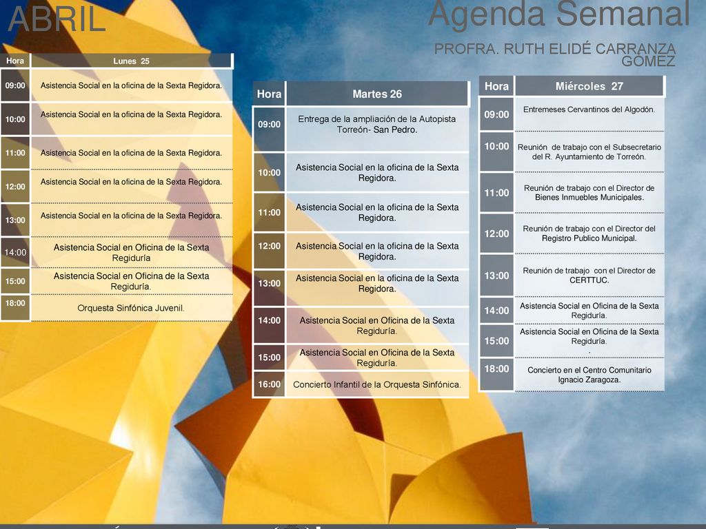 Agenda Semanal ABRIL Cabildo Torreón PROFRA. RUTH ELIDÉ CARRANZA GÓMEZ