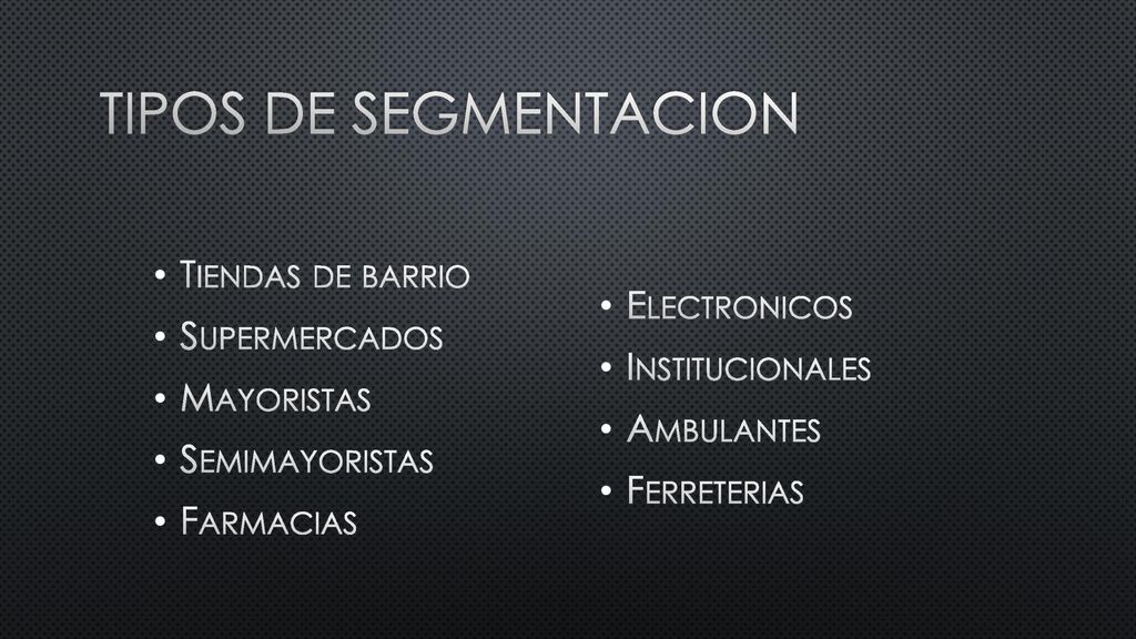 Tipos de segmentacion Tiendas de barrio Supermercados Electronicos