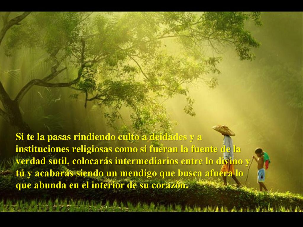 Si te la pasas rindiendo culto a deidades y a instituciones religiosas como si fueran la fuente de la verdad sutil, colocarás intermediarios entre lo divino y tú y acabarás siendo un mendigo que busca afuera lo que abunda en el interior de su corazón.