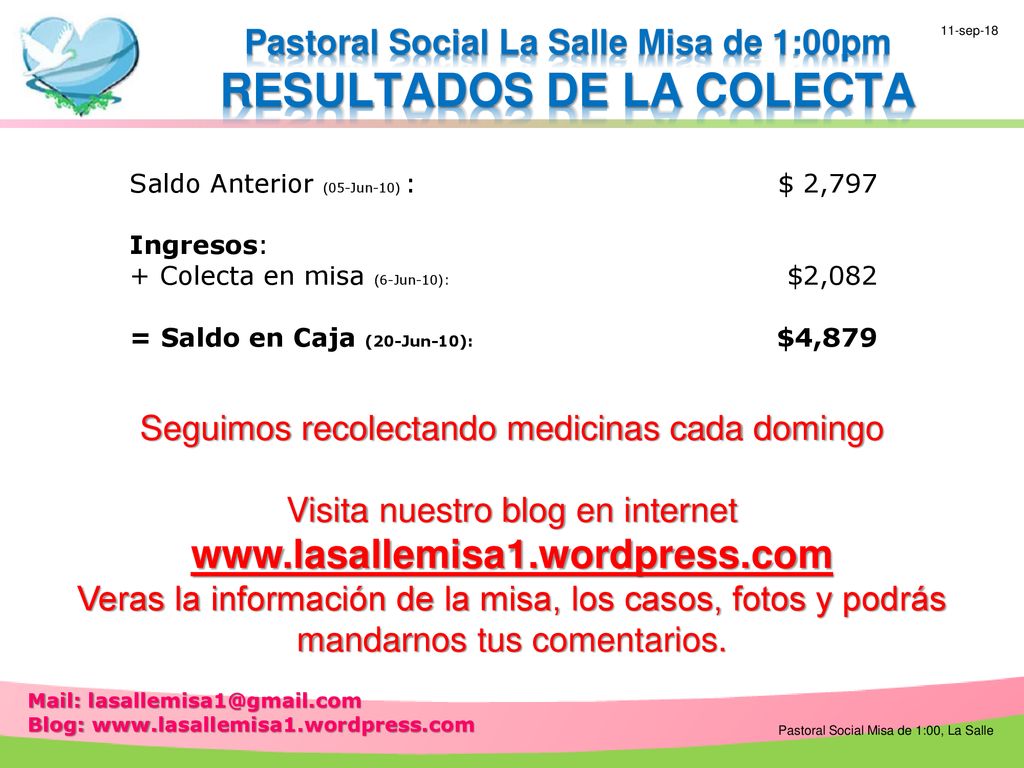 Pastoral Social La Salle Misa de 1:00pm RESULTADOS DE LA COLECTA