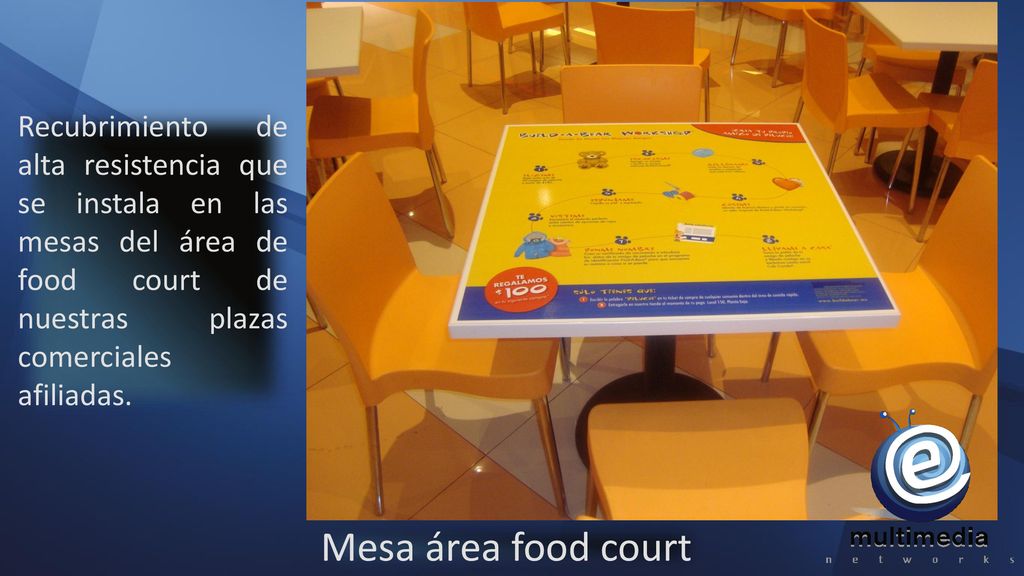 Recubrimiento de alta resistencia que se instala en las mesas del área de food court de nuestras plazas comerciales afiliadas.