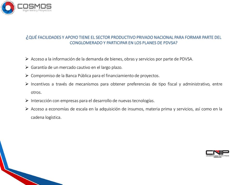 ¿QUÉ FACILIDADES Y APOYO TIENE EL SECTOR PRODUCTIVO PRIVADO NACIONAL PARA FORMAR PARTE DEL CONGLOMERADO Y PARTICIPAR EN LOS PLANES DE PDVSA