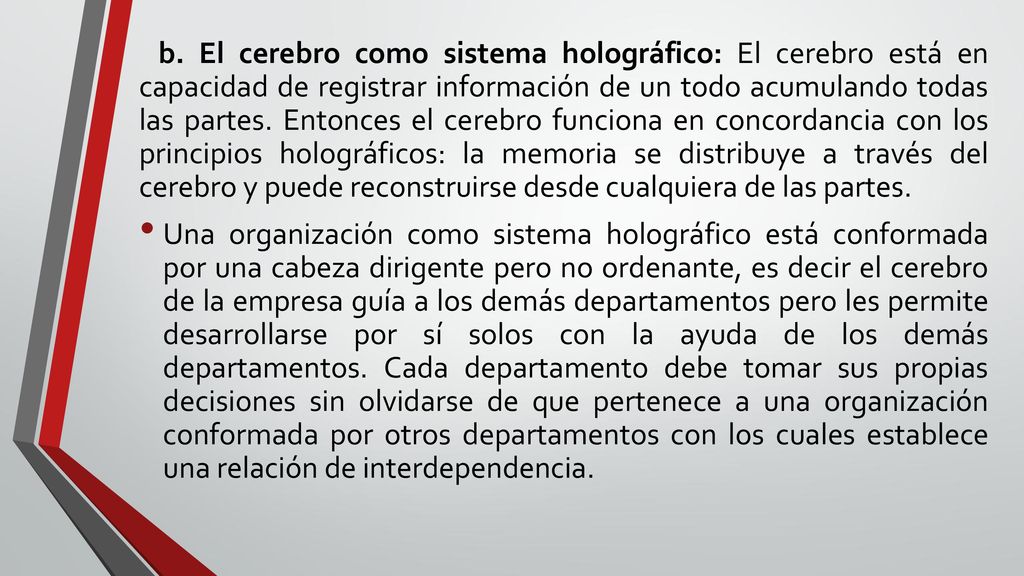 b. El cerebro como sistema holográfico: El cerebro está en capacidad de registrar información de un todo acumulando todas las partes. Entonces el cerebro funciona en concordancia con los principios holográficos: la memoria se distribuye a través del cerebro y puede reconstruirse desde cualquiera de las partes.