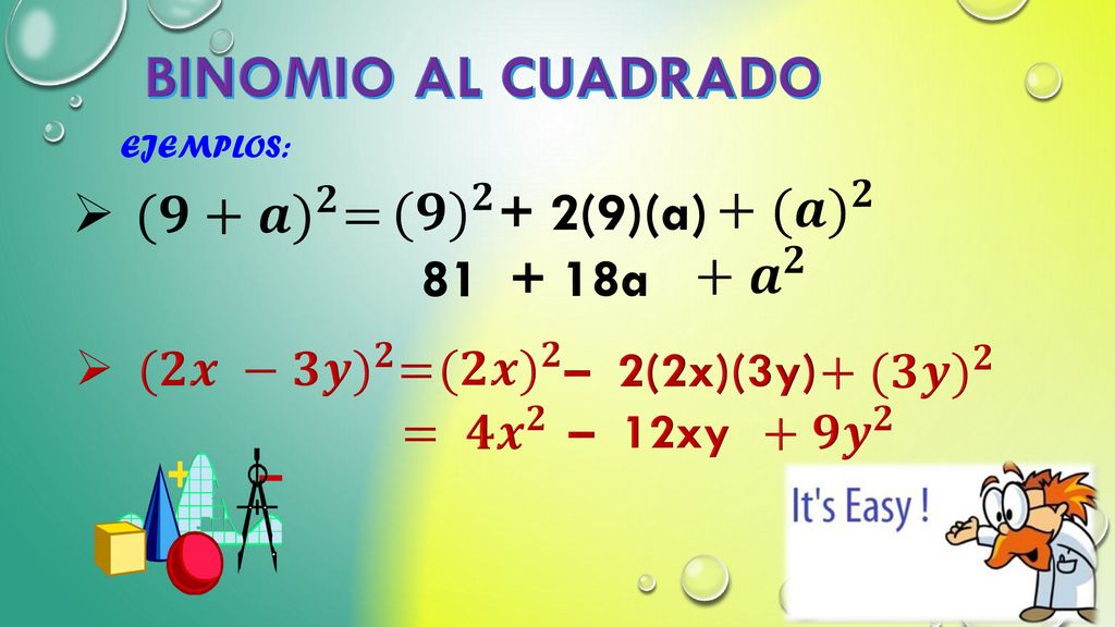 BINOMIO AL CUADRADO + (𝒂) 𝟐 (𝟗) 𝟐 (𝟗+𝒂) 𝟐 = + 2(9)(a) + 𝒂 𝟐 a