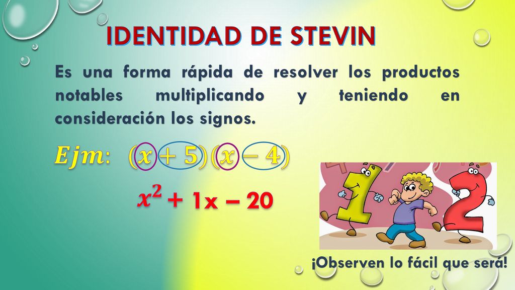 IDENTIDAD DE STEVIN 𝑬𝒋𝒎: (𝒙+𝟓)(𝒙−𝟒) 𝒙 𝟐 + 1x – 20