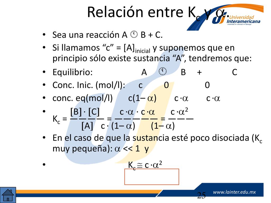 Relación entre Kc y . Sea una reacción A  B + C.