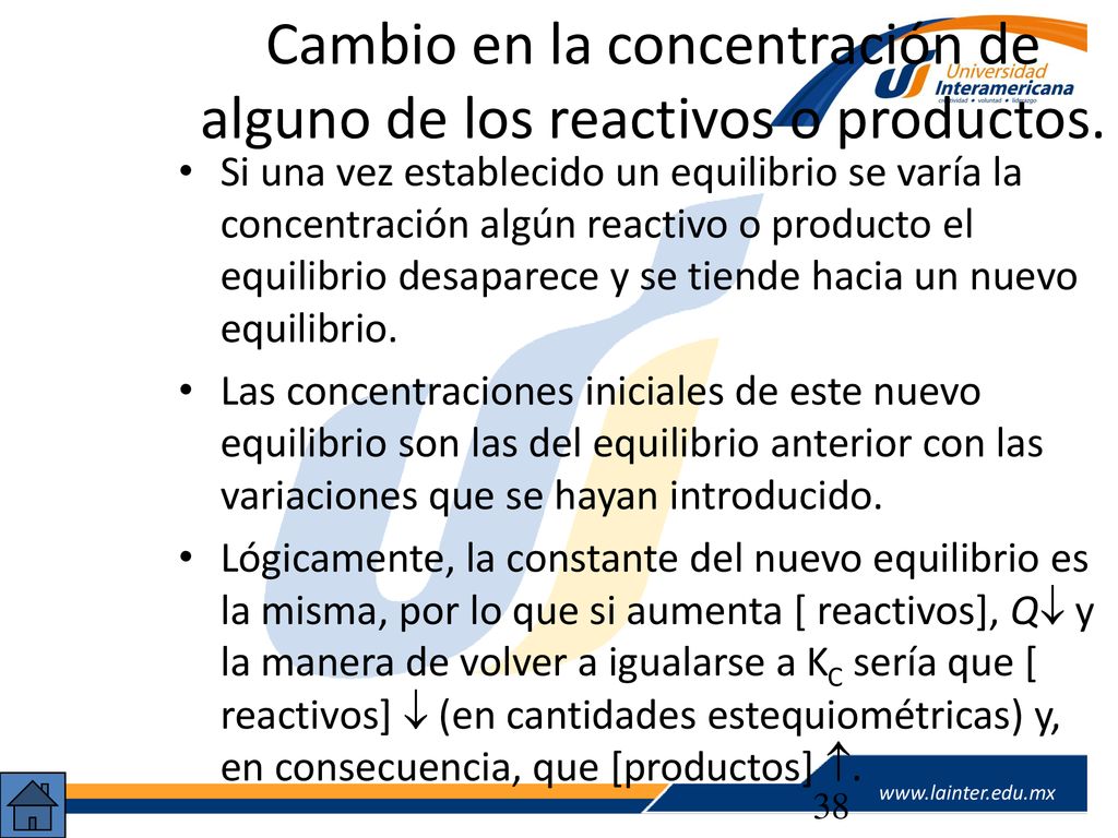 Cambio en la concentración de alguno de los reactivos o productos.