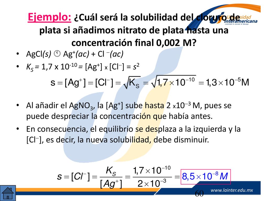 Ejemplo: ¿Cuál será la solubilidad del cloruro de plata si añadimos nitrato de plata hasta una concentración final 0,002 M