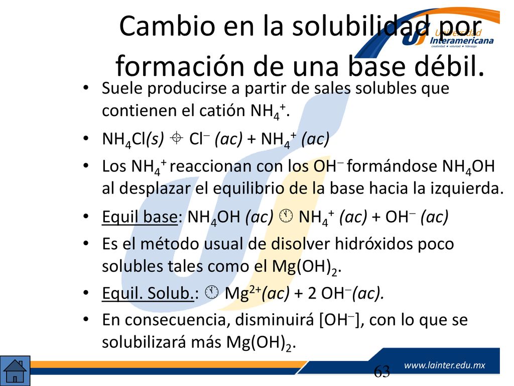 Cambio en la solubilidad por formación de una base débil.