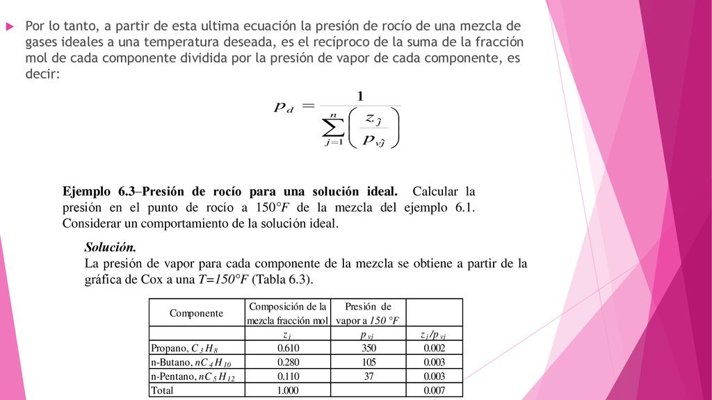 Por lo tanto, a partir de esta ultima ecuación la presión de rocío de una mezcla de gases ideales a una temperatura deseada, es el recíproco de la suma de la fracción mol de cada componente dividida por la presión de vapor de cada componente, es decir: