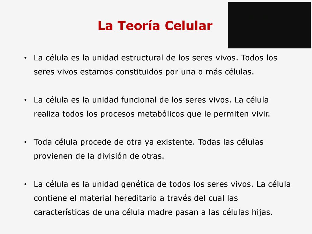 La Teoría Celular La célula es la unidad estructural de los seres vivos. Todos los seres vivos estamos constituidos por una o más células.