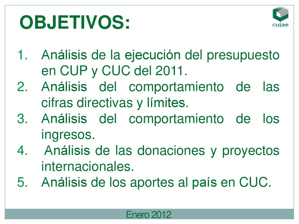 OBJETIVOS: Análisis de la ejecución del presupuesto en CUP y CUC del Análisis del comportamiento de las cifras directivas y límites.