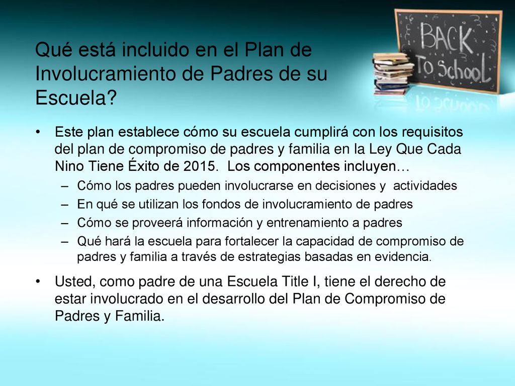 Qué está incluido en el Plan de Involucramiento de Padres de su Escuela