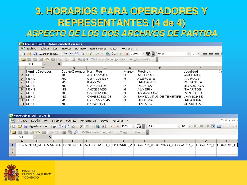 3. HORARIOS PARA OPERADORES Y REPRESENTANTES (4 de 4) ASPECTO DE LOS DOS ARCHIVOS DE PARTIDA